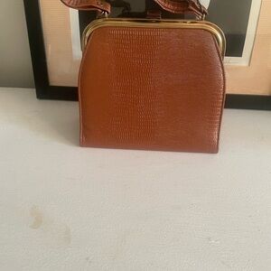 Cognac Crocodile Pattern Clutch with Gold Frame